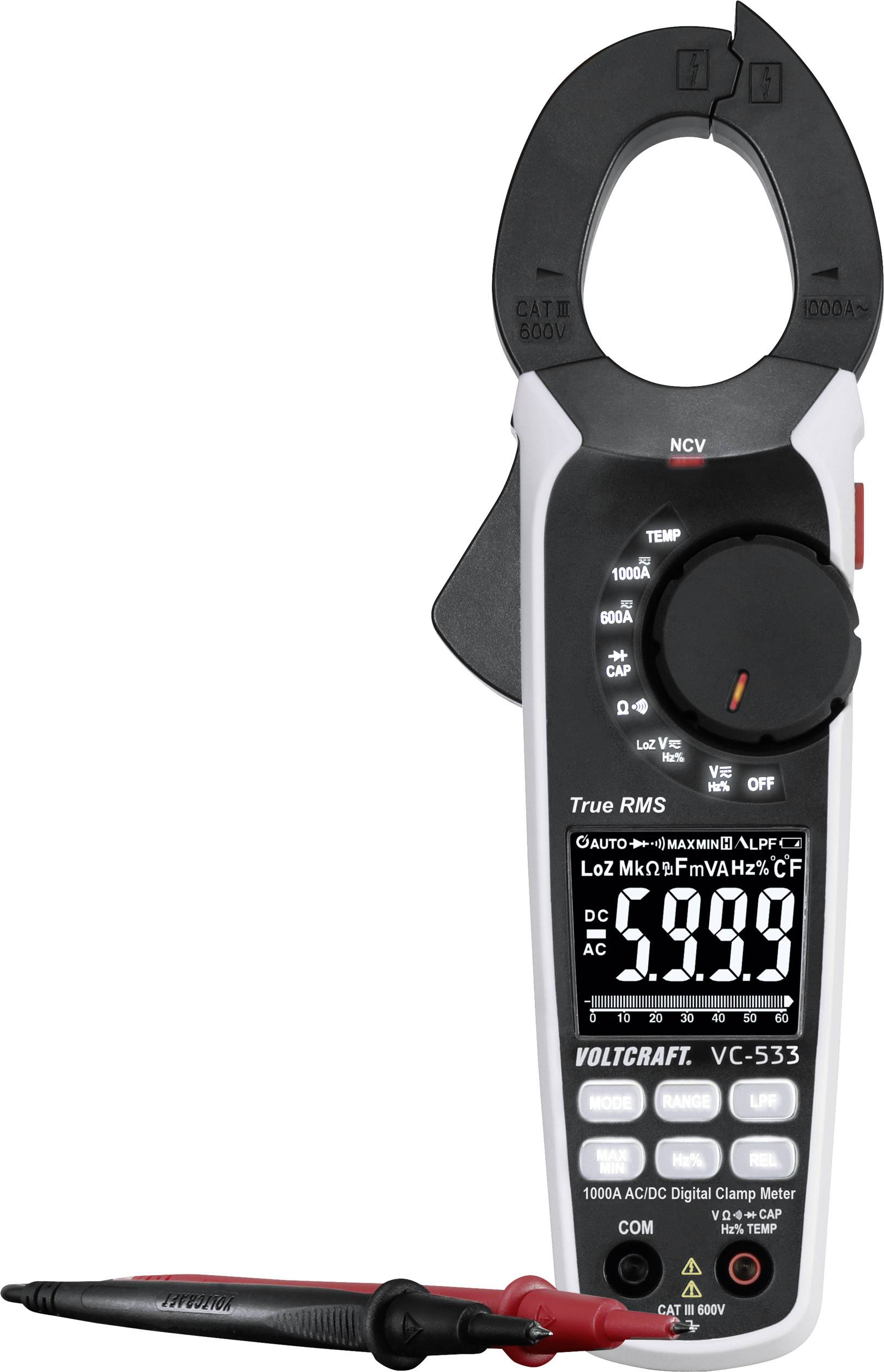 Digital clamp meter with display, showing 0.00 for DC measurement. Features multiple measurement modes and red measurement probes.