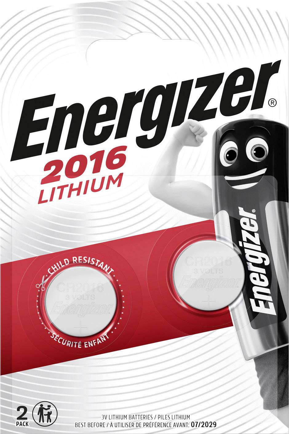 A pack of two Lithium button cells by 'Energizer', Model 2016, with child-resistant packaging. Usable until 07/2029.