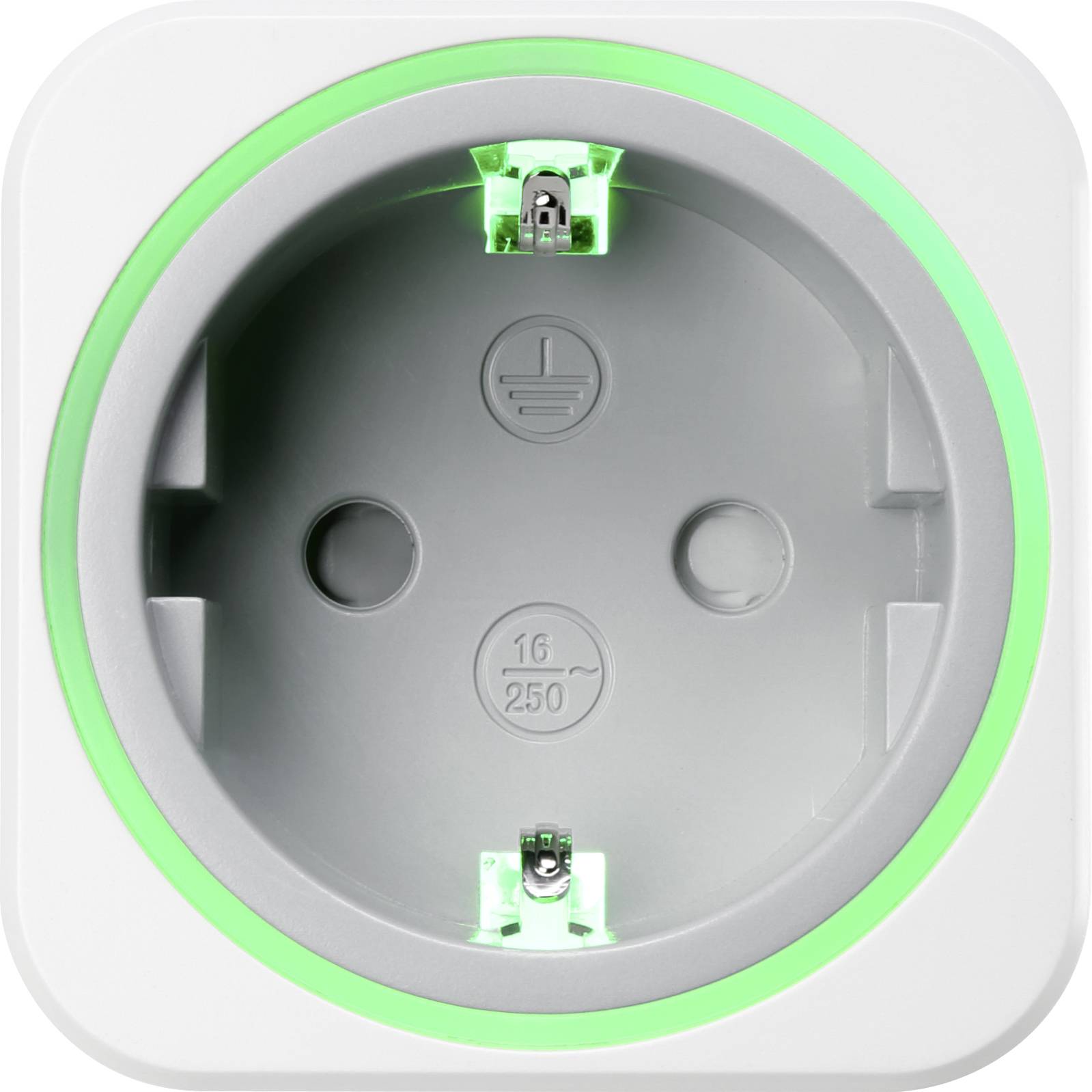 A white electrical socket with a green illuminated ring. It features two plug openings and an earth connection.