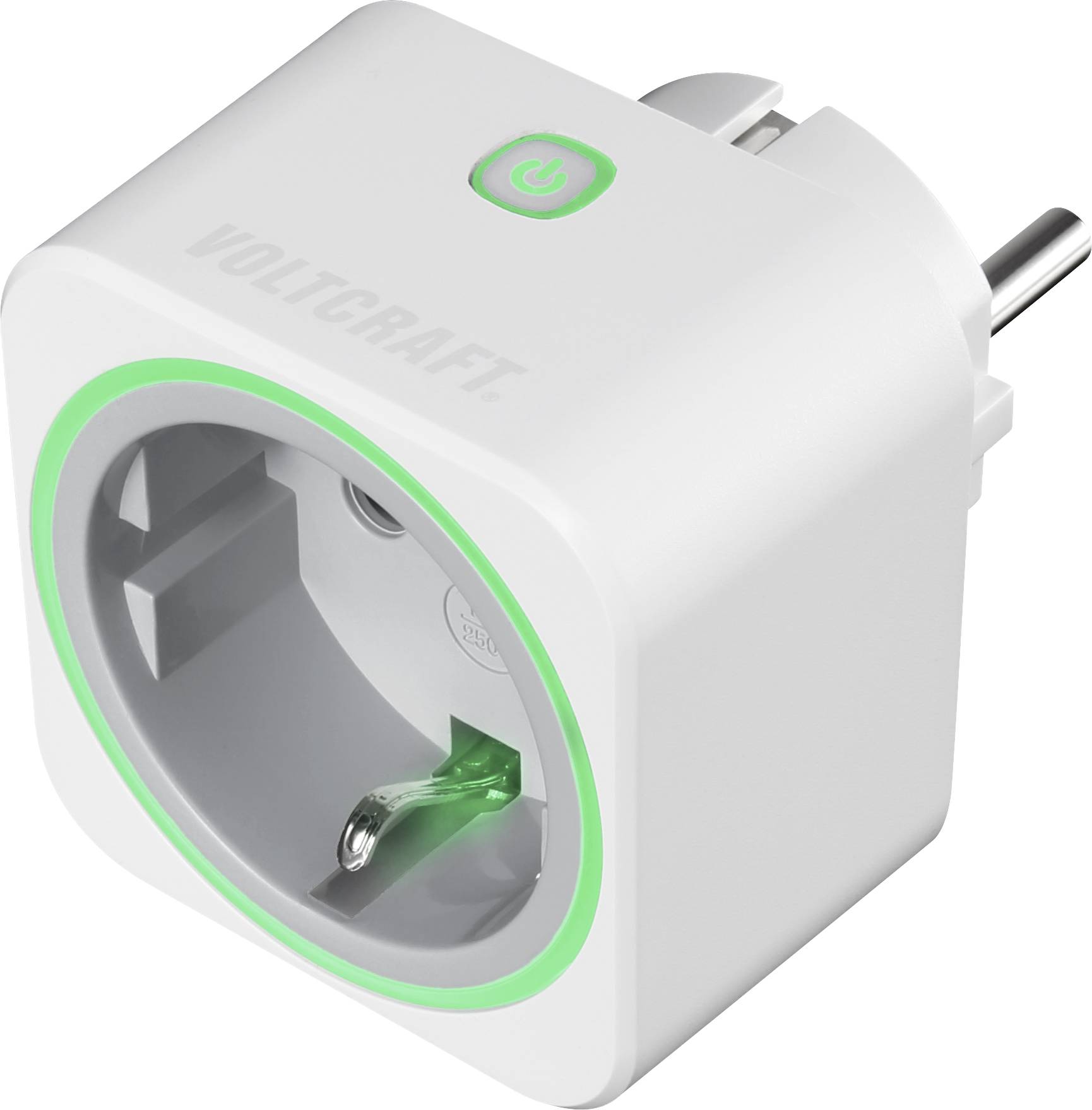 White socket with a green illuminated border and power switch on top. Brand name 'VOLTCRAFT' visible on the side.