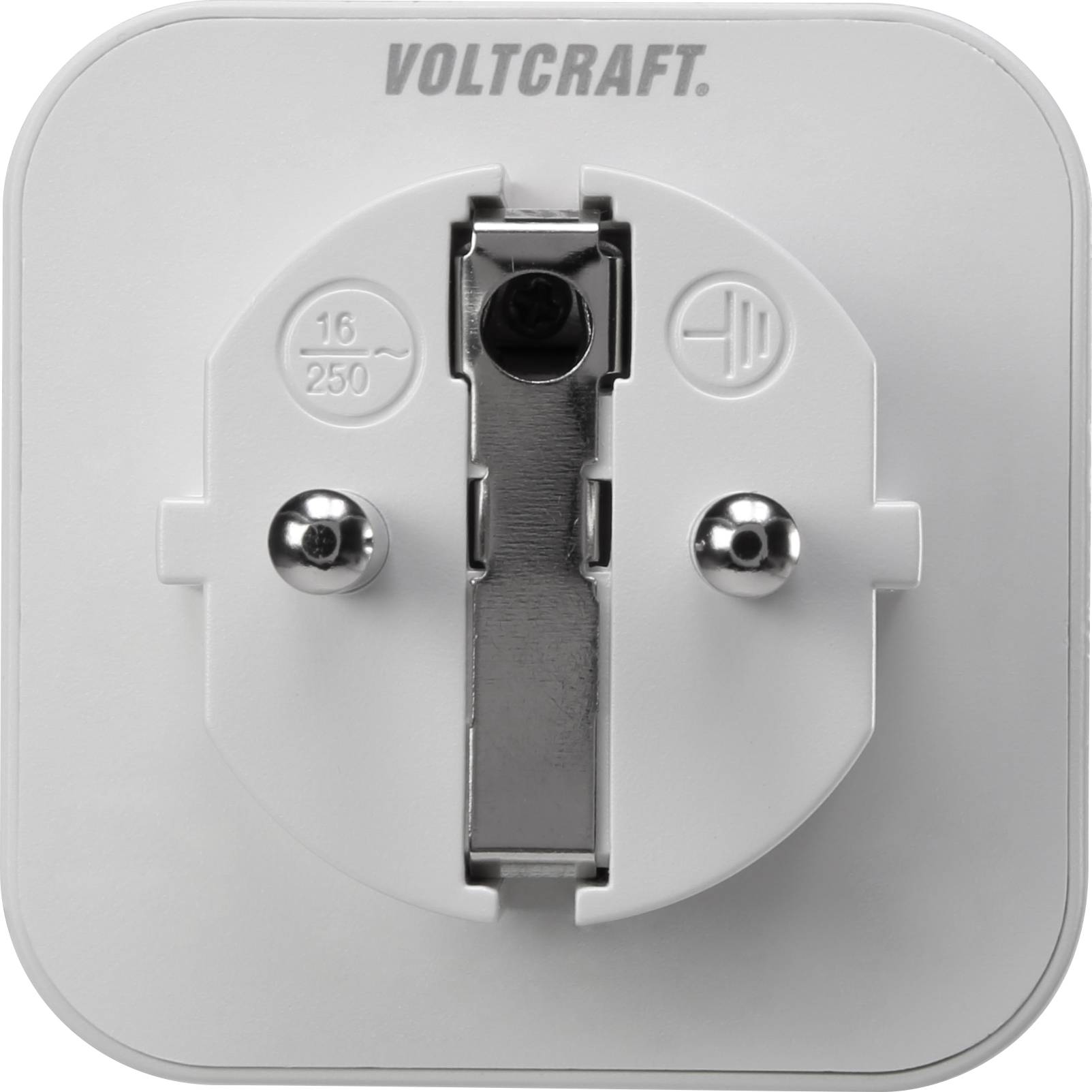 White socket with two round metal pins and an earthing contact. At the top it reads 'Voltcraft'.