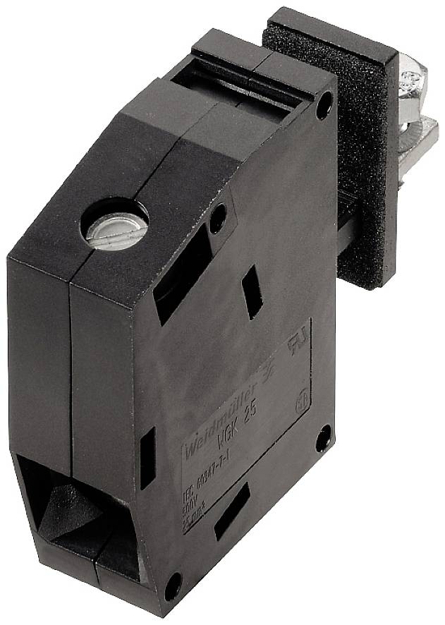 A black, rectangular electric switch with mounting elements, possibly for industrial applications.