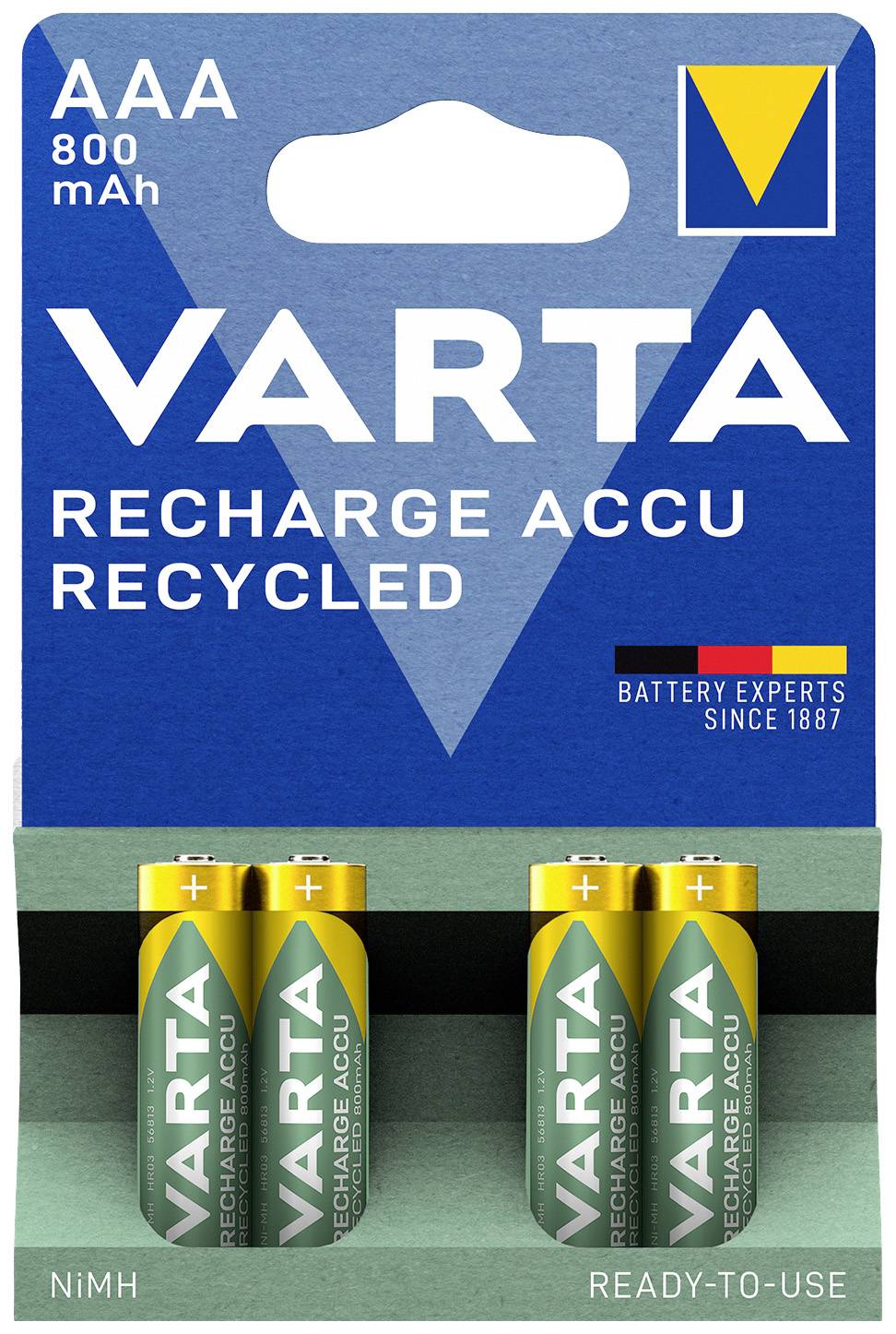'Varta Recharge Accu Recycled' Batteries, AAA Size, 800 mAh, Pack of Two in Blister Packaging, Emphasising Recycling and Rechargeable Function.