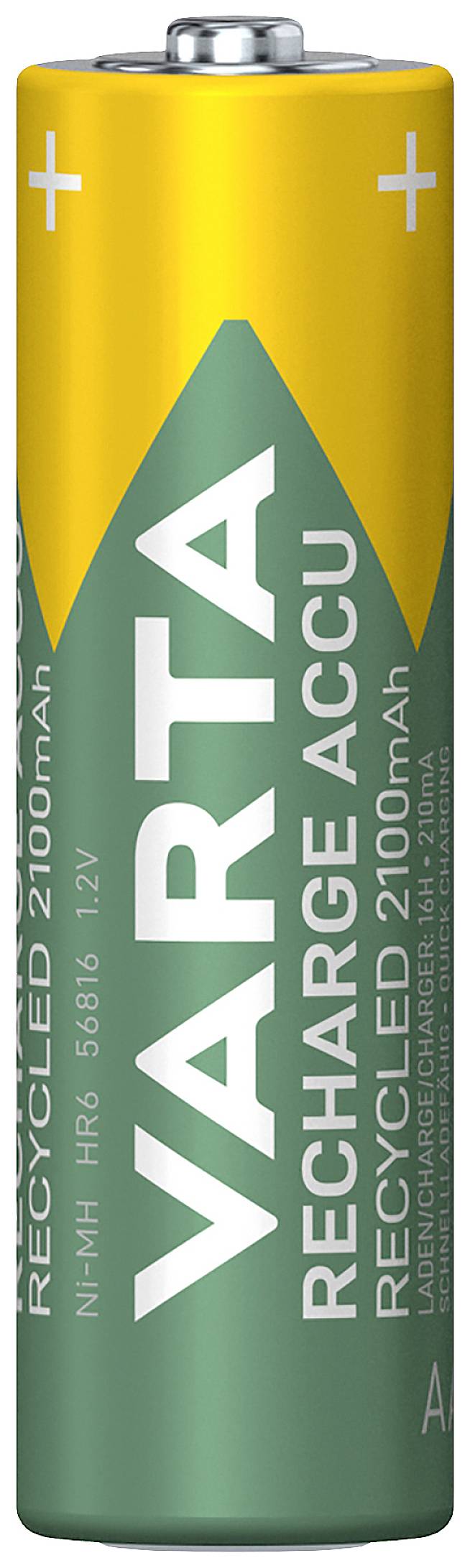 Green and yellow AA battery with the inscription 'VARTA RECHARGE ACCU' and 'Recycled 2100mAh'.