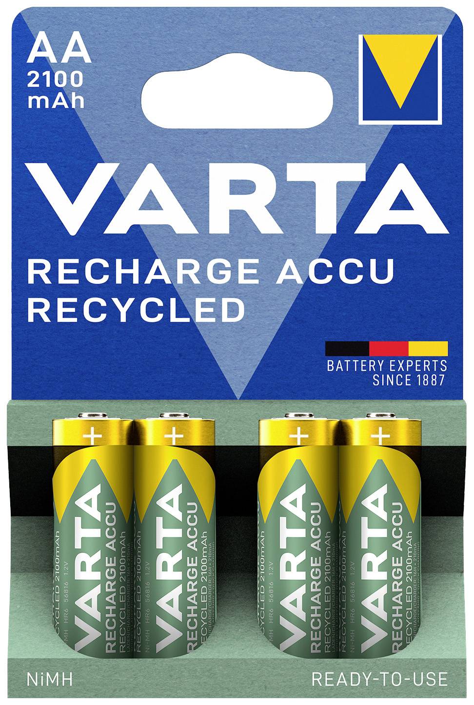 Four Varta AA batteries in packaging with a blue top surface and yellow accent. Text 'Recharge Accu Recycled'.