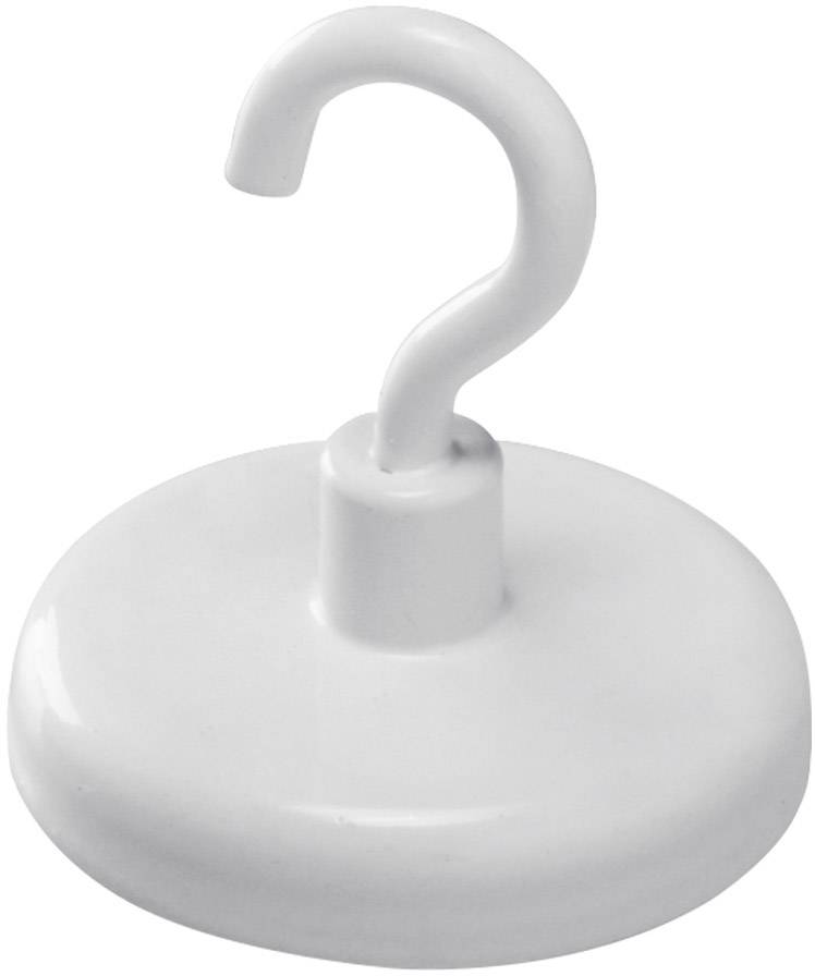 A white, round magnet with a hook-shaped handle at the top, suitable for hanging items.