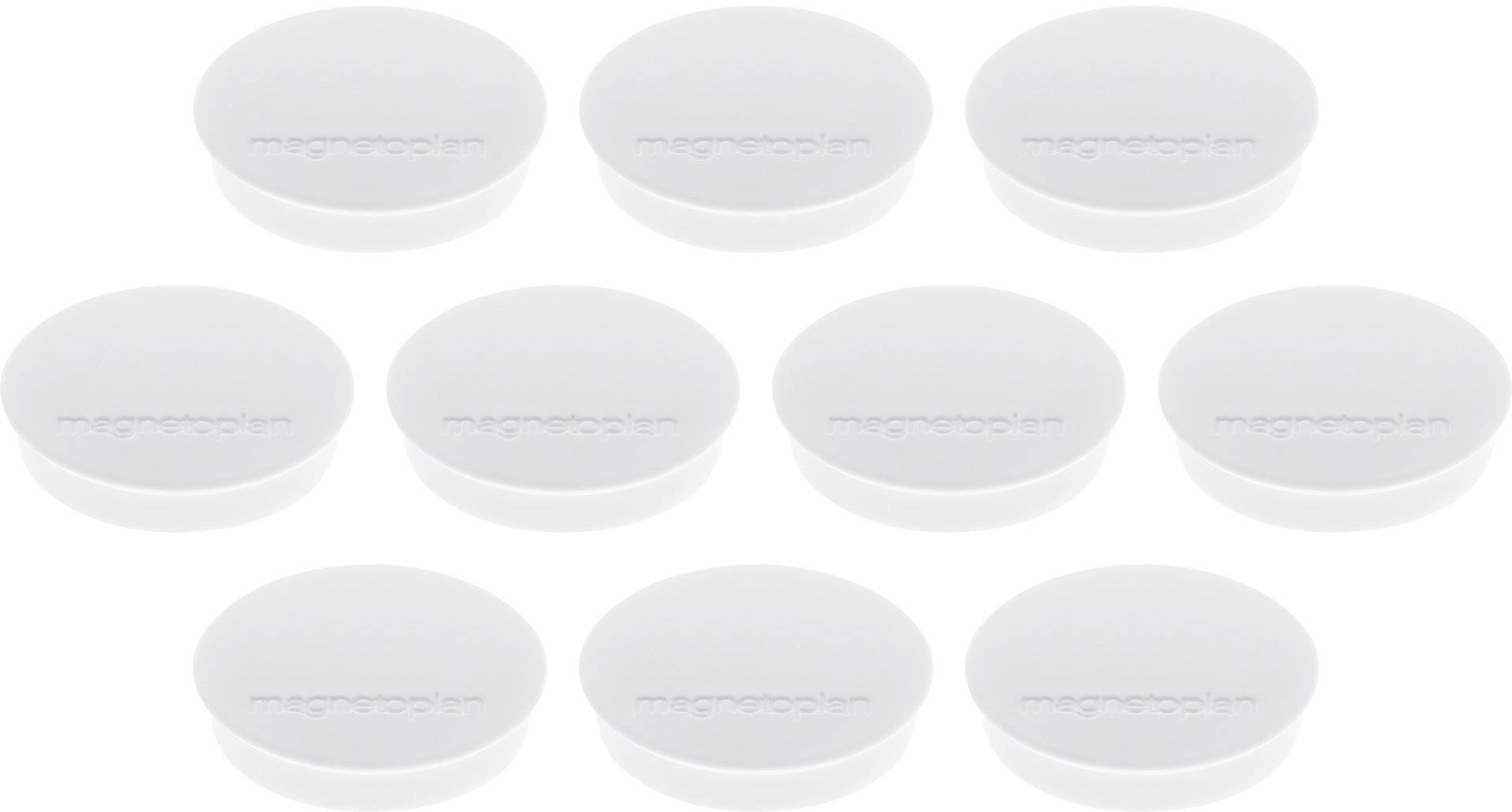 Ten white, round covers inscribed with 