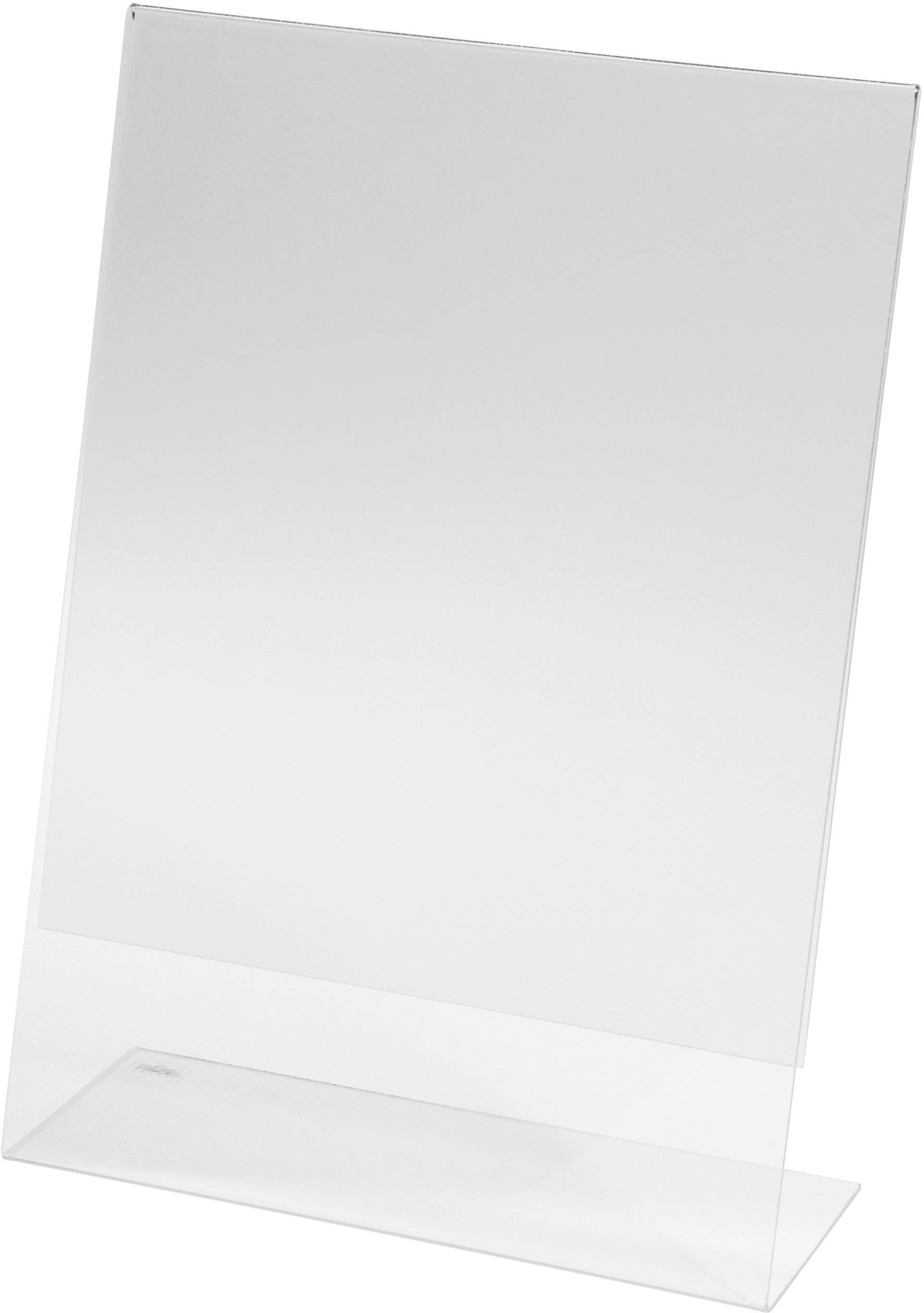 A transparent, angled acrylic display stand for presentations or displaying information.