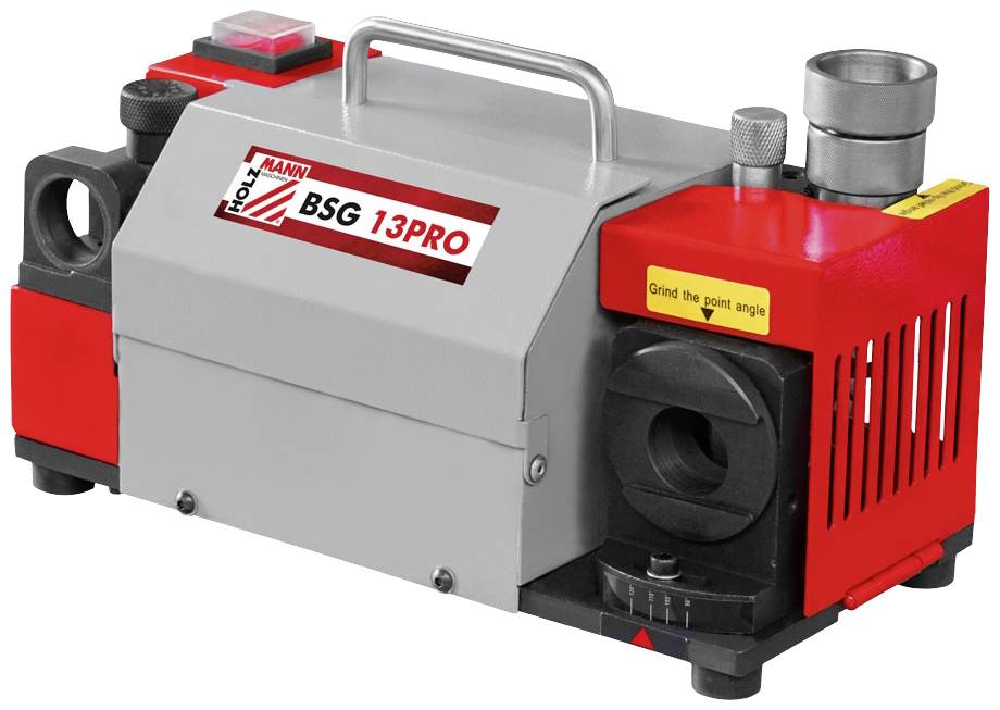 Grinding Machine, Model 'Holtmann BSG 13PRO', grey-red, with handle and inscription 'Grind the point angle'.