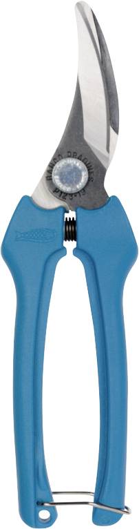A blue garden secateurs with curved blades, perfect for cutting flowers and plants.