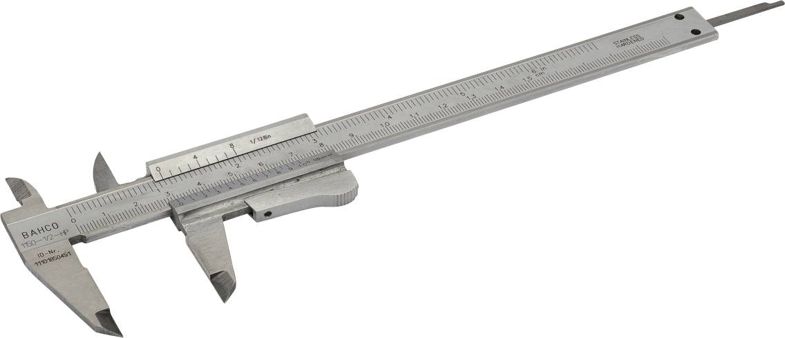 Metal vernier calliper with scale, positioned on a neutral background. Used for precise measurement of objects.