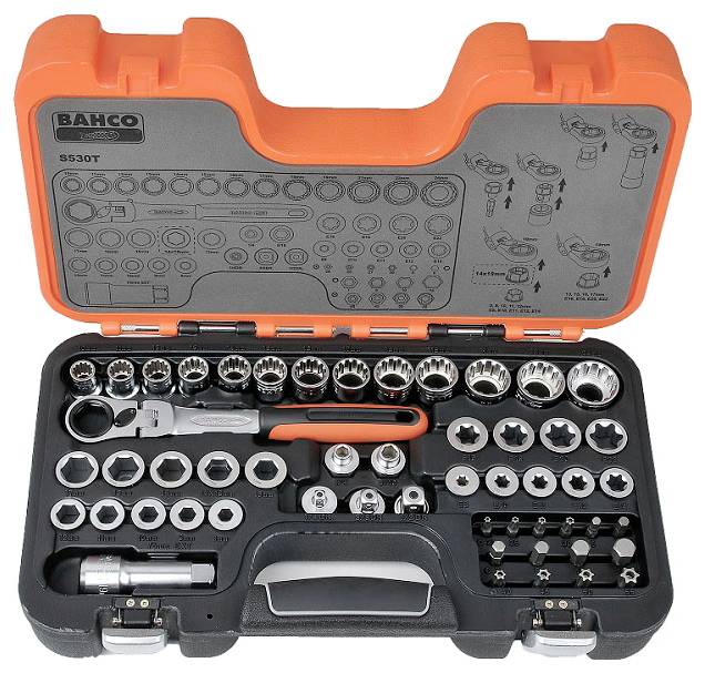 An open toolbox with various socket wrenches and accessories in organised compartments. The box is orange and black.
