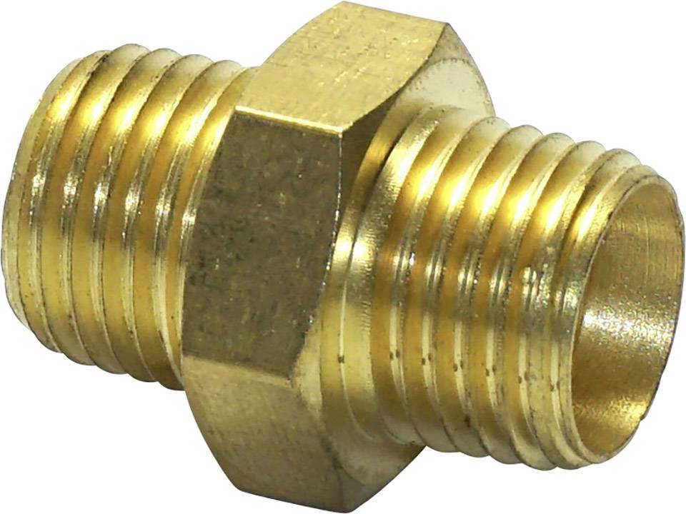 Brass threaded nipple with hexagonal shape, suitable for connecting two pipes.