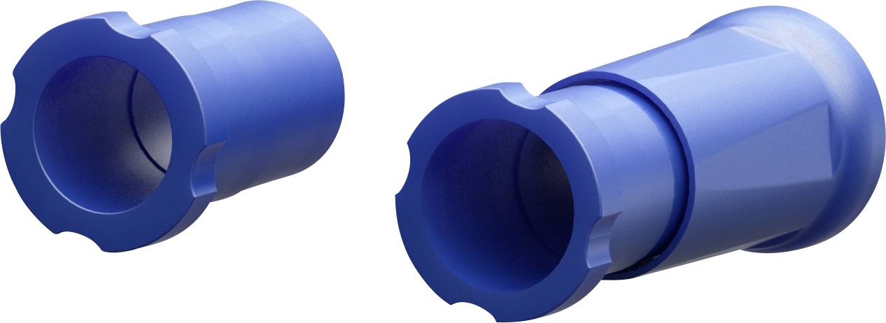 Two blue plastic adapters: The left one shows the exterior, the right one demonstrates the function of connecting with a pipe.