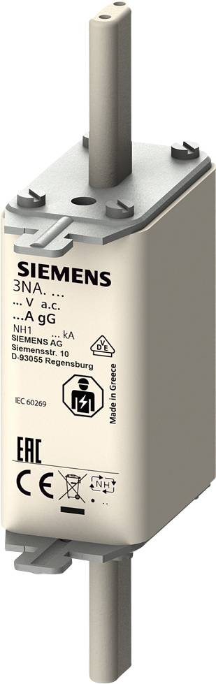 'SIEMENS' NH fuse, Type 3NA, technical and certification markings visible, for industrial use, model-specific data.