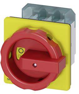 Red emergency stop switch on a yellow background with a grey base unit, ready for use in industrial safety equipment.