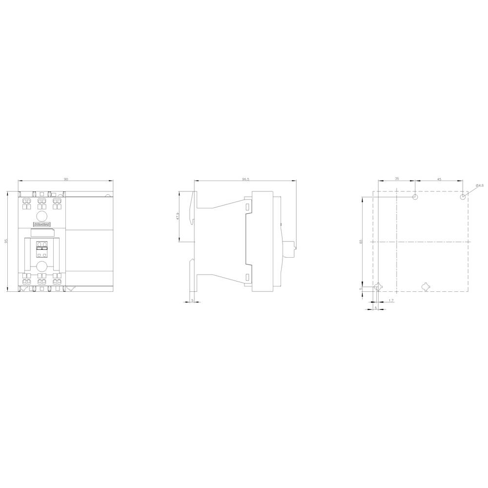 Technical drawing of an electronic component in three views with detailed dimensional specifications.
