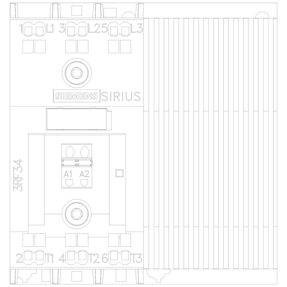A Siemens Sirius contactor, type 3RF34, shows connection terminals and control contacts A1 and A2.