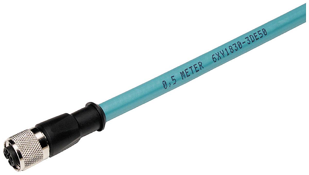 A blue cable with a metal plug, labelled '0.5 METRE 6XV1830-3DE50', suitable for industrial applications.