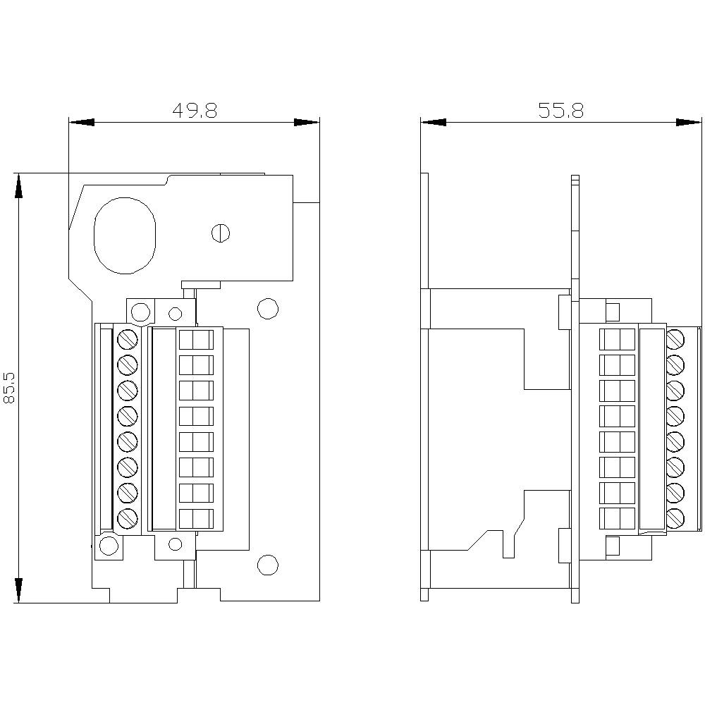 Technical drawing of an electronic device with dimensions: height 85.5 mm, width 49.8 mm or 55.8 mm. Connections visible.