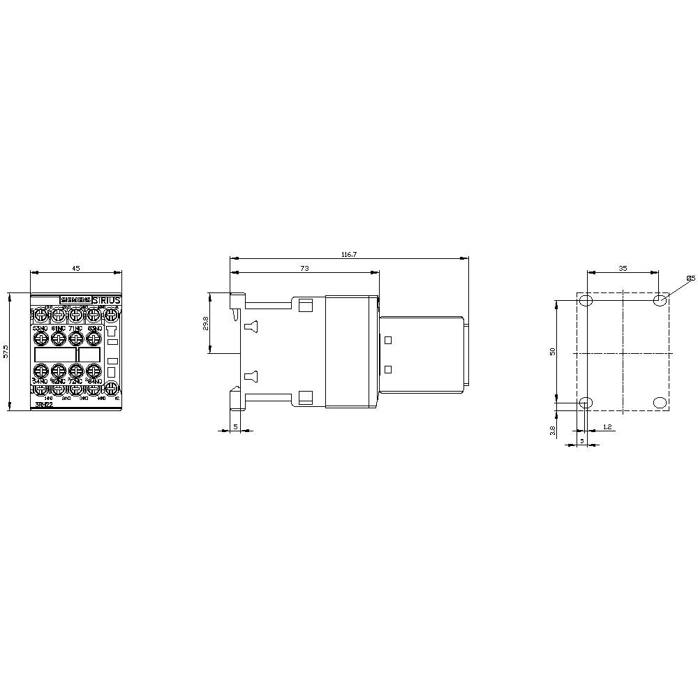 Technical drawing of an electronic component showing front, side, and top views. Dimensions and connections are indicated.