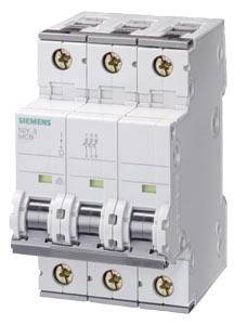 A three-pole circuit breaker by Siemens, Model 5SY63, for protective and switching functions in electrical installations.
