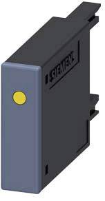 Industrial spare part, rectangular black component with a yellow dot on the front, Siemens logo visible.