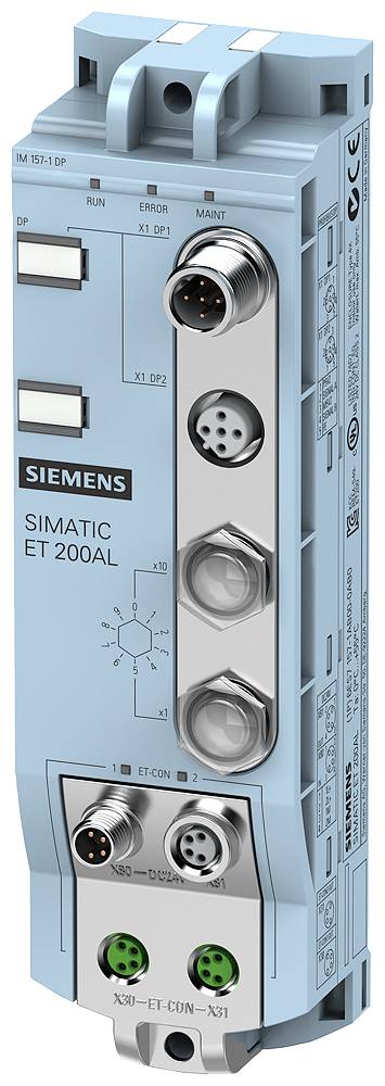 Siemens industrial module, SIMATIC ET 200AL, with a grey-blue housing featuring multiple round connectors on the front panel.