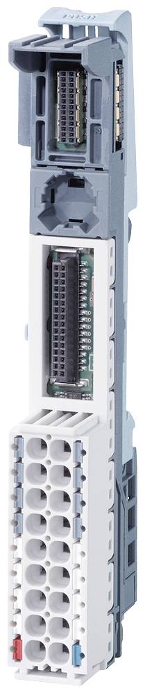 Industrial electronics module with two rows of connection terminals; at the top, a slot with visible contact pins.