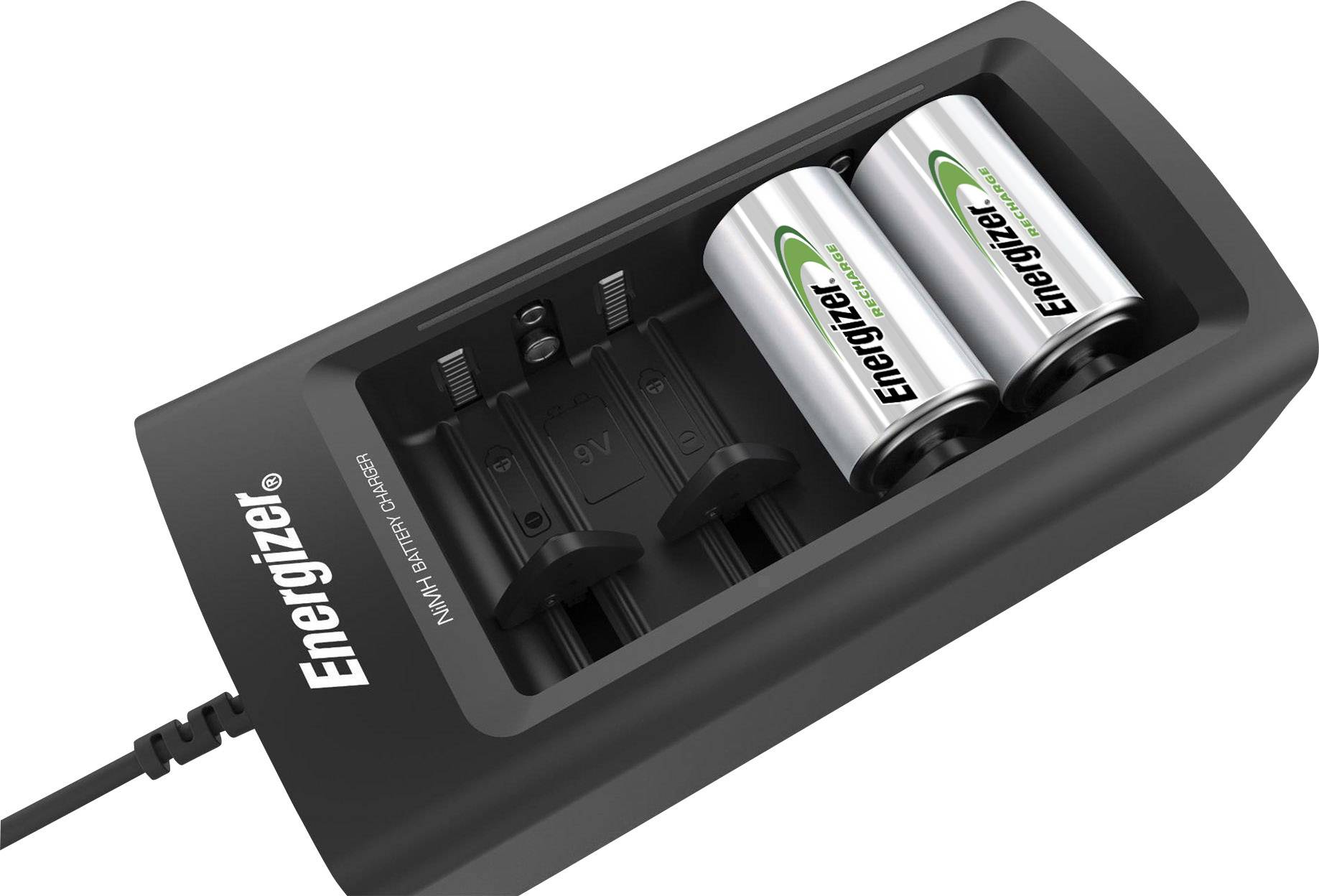 Energizer battery charger with two batteries inserted, ready to charge. Cable connected, charging status not visible.
