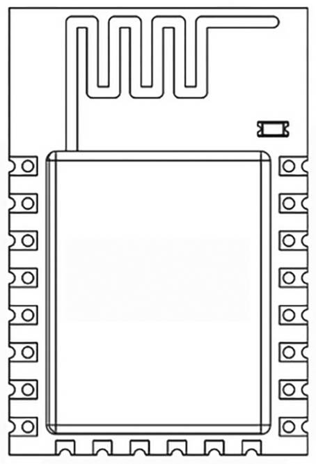 A diagram of a microcontroller with an integrated antenna. At the top is a meandering antenna trace, beneath which is a rectangular chip.