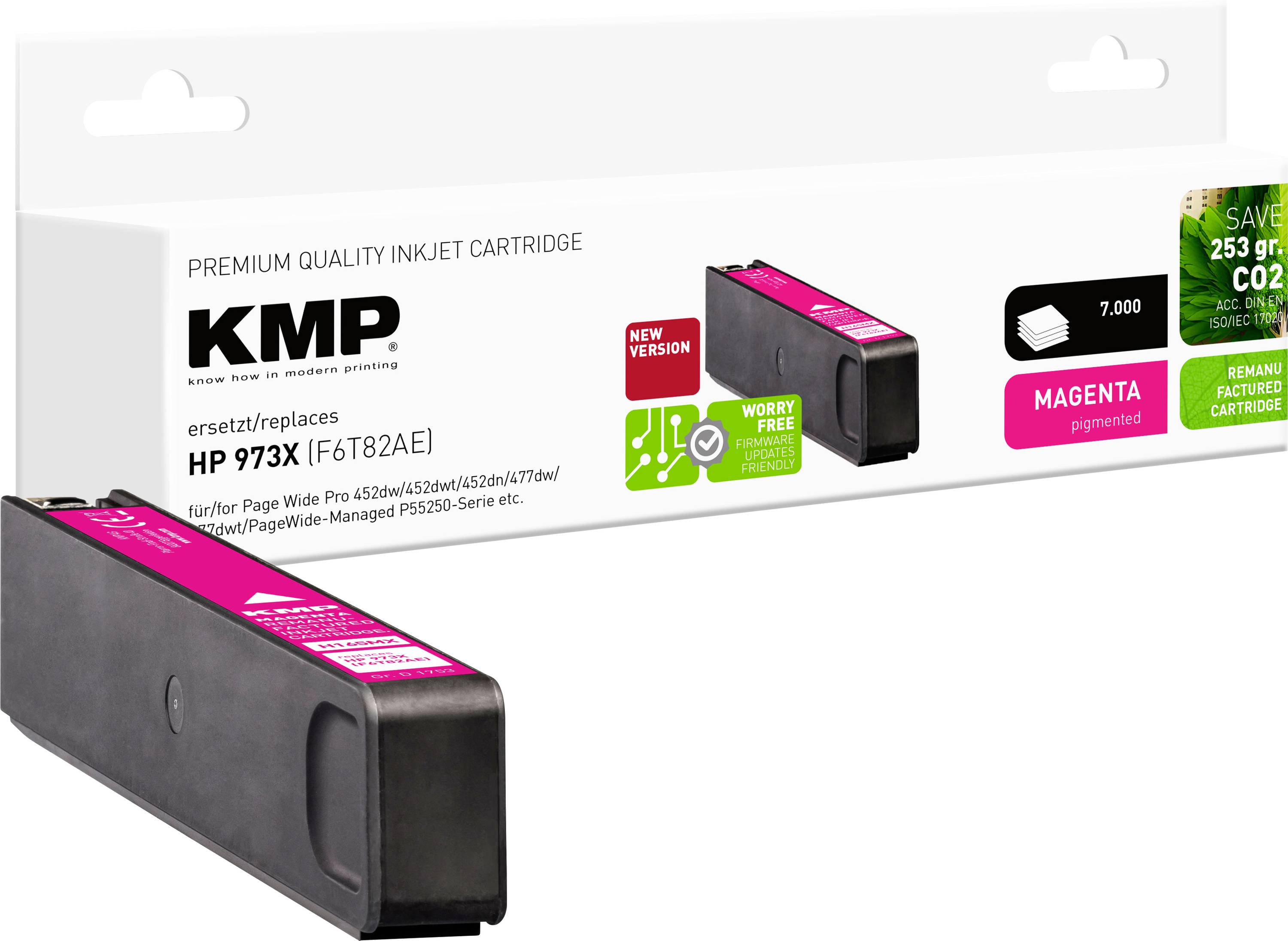 KMP premium inkjet cartridge, magenta, replaces HP 973X. Suitable for PageWide series. New version, CO2 saving, lasts 7,000 pages.