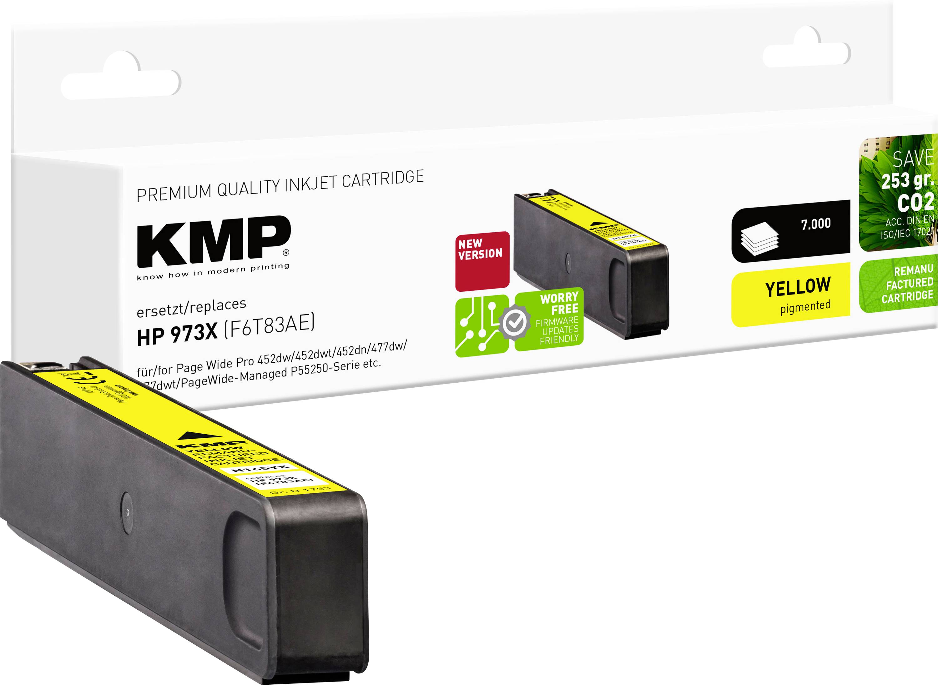 KMP Premium Quality Inkjet Cartridge, replaces HP 973X F6T83AE, yellow, shown in box. Compatible with HP PageWide 452 and others. Worry-free printing.