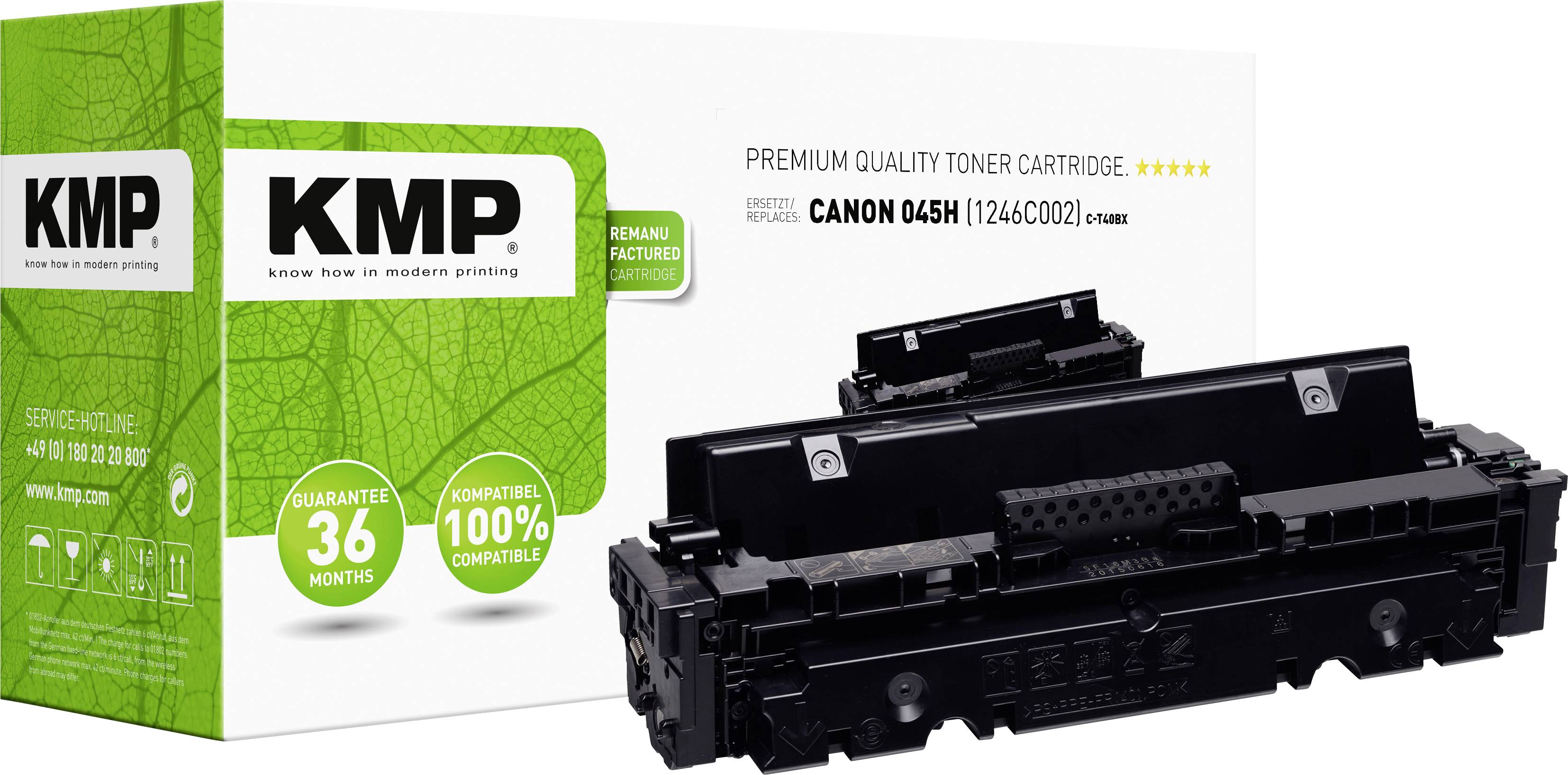 Toner cartridge in front of a white packaging with green and black design. Text reads: 'KMP', 'Canon 045H'. Guaranteed for 36 months.