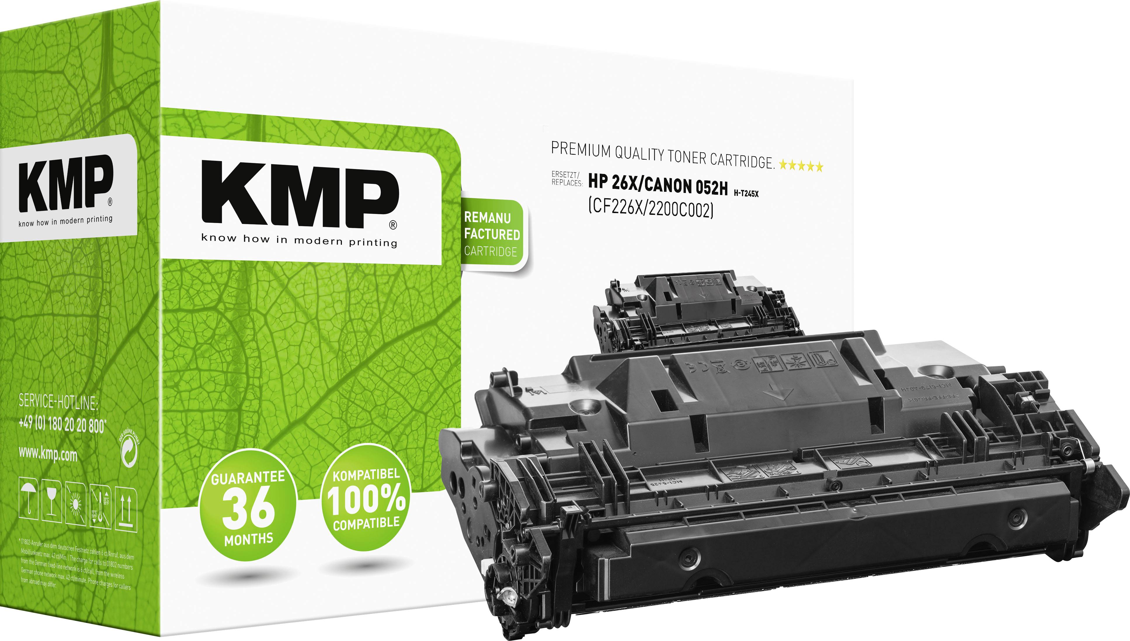 KMP toner cartridge for HP 26X/Canon 052H in black. Packaging displays logo, compatibility, and warranty details.