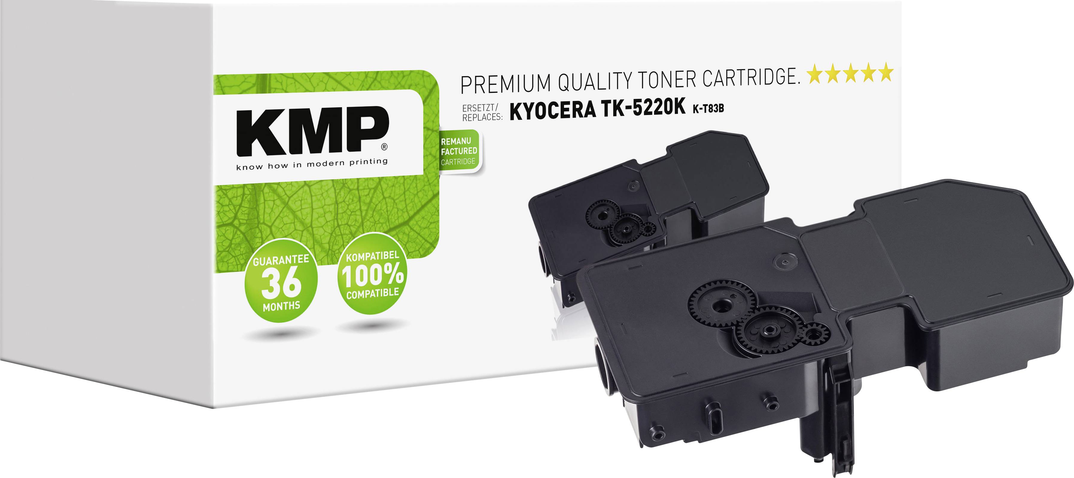 'KMP Premium Quality Toner Cartridge' for Kyocera TK-5220K, black cartridge, packaging displays green environmental labels and guarantees.