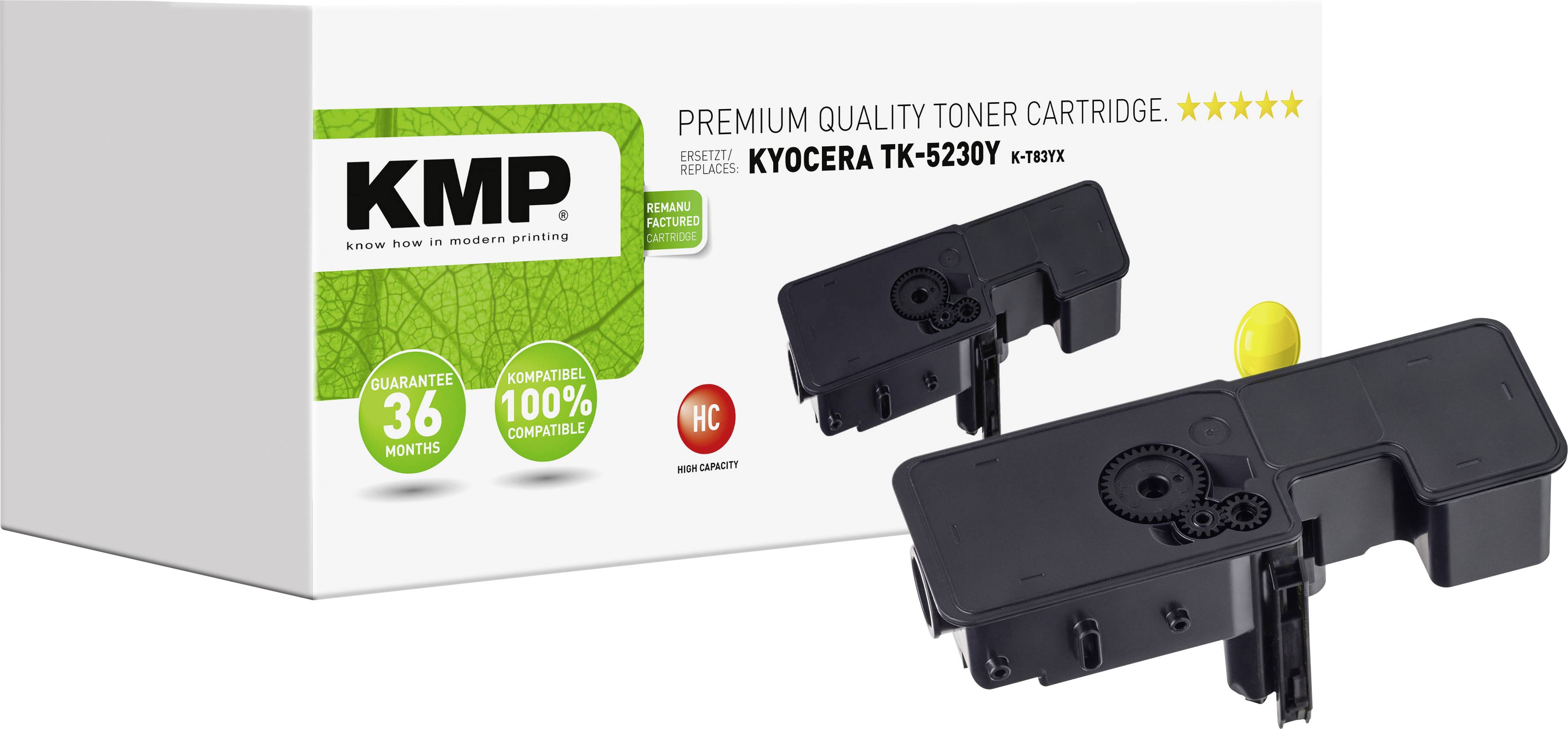 'KMP Premium Quality Toner Cartridge' with packaging and two toners. Compatible with 'Kyocera TK-5230Y'. Warranty notice: '36 months'.