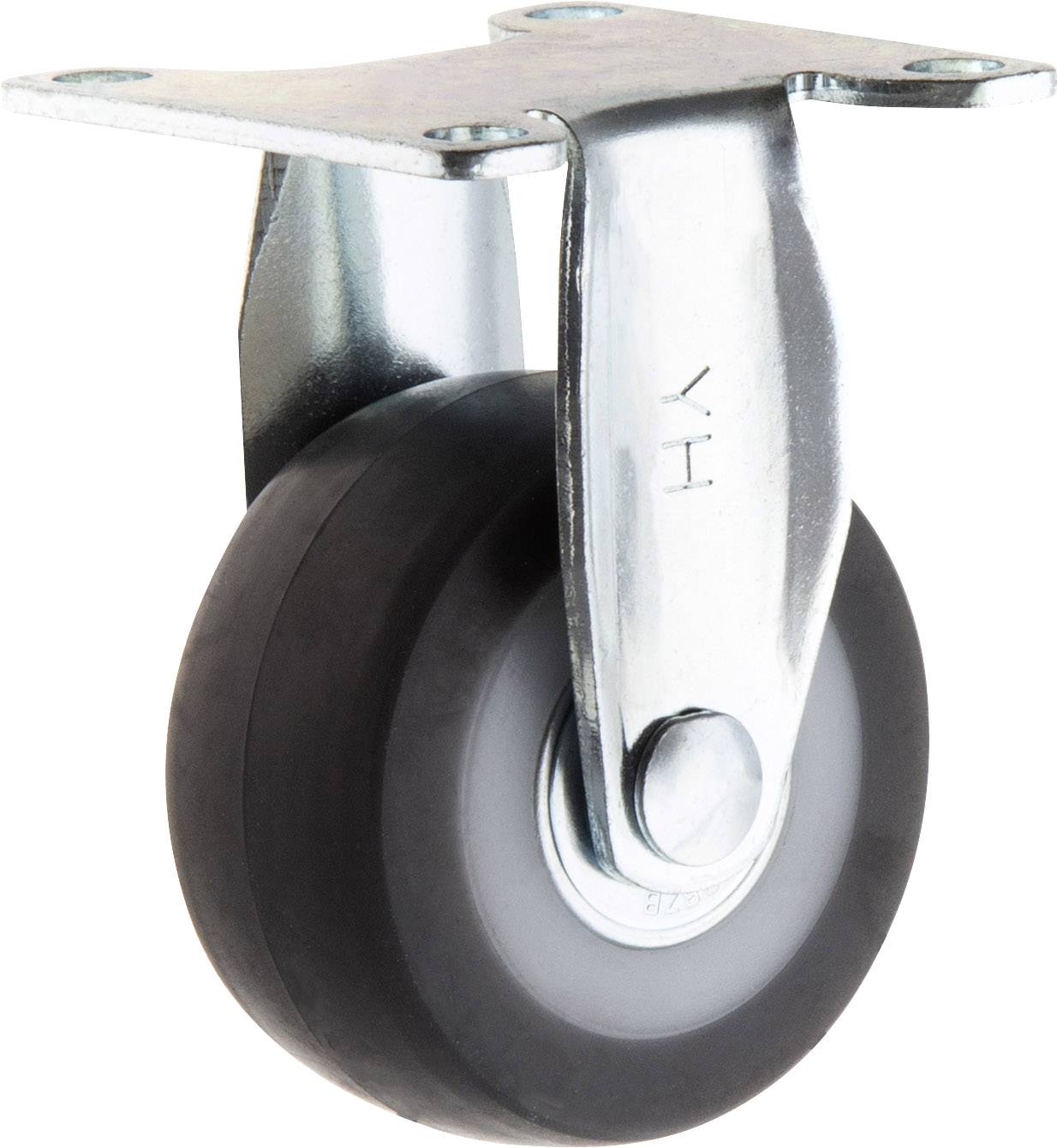 Metal castor with black wheel and mounting plate. Suitable for furniture or equipment requiring mobility.