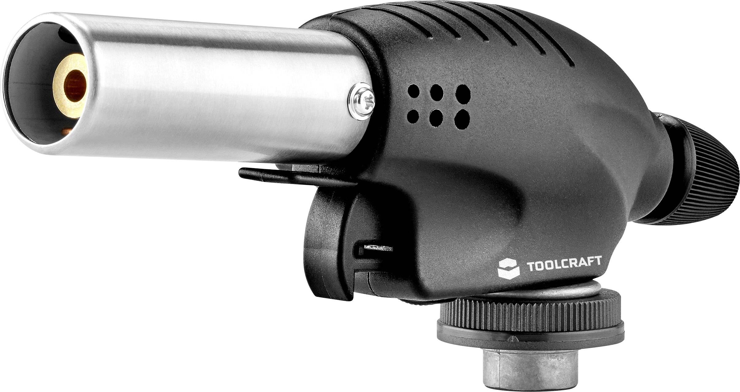A black, gas-powered soldering iron with a metal burner and regulator. Used in workshops for precise soldering work.