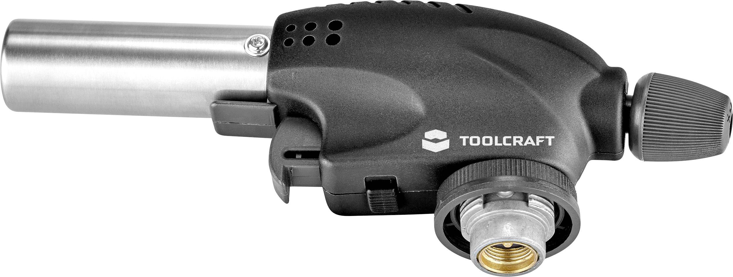 Butane Gas Torch by Toolcraft, suitable for precise soldering work; black housing with stainless steel nozzle, side-mounted regulator.
