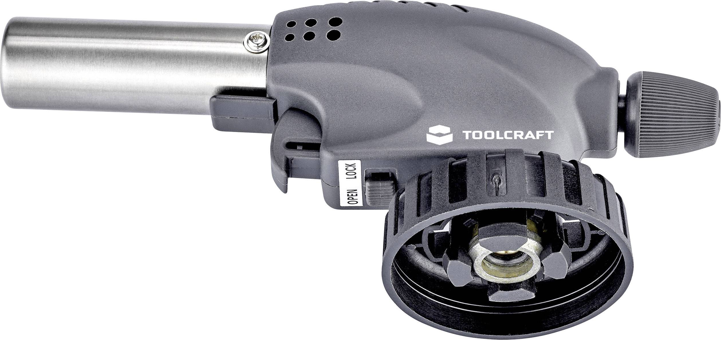 'Toolcraft' Gas Torch, grey casing, ignition mechanism visible, suitable for soldering or kitchen tasks.