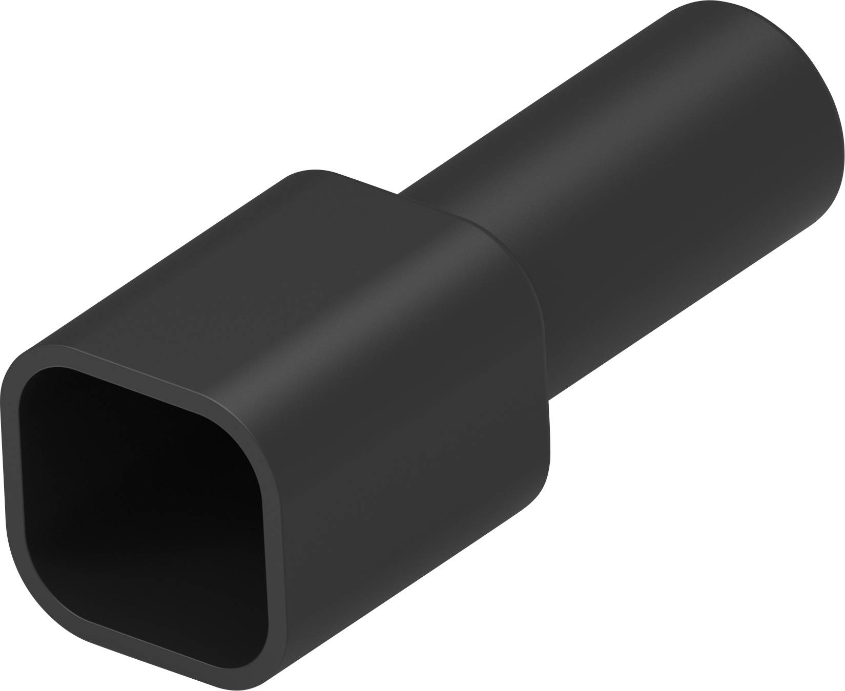 Black, cylindrical plastic attachment with a rectangular opening, suitable for pipe connection or adapting in technical applications.