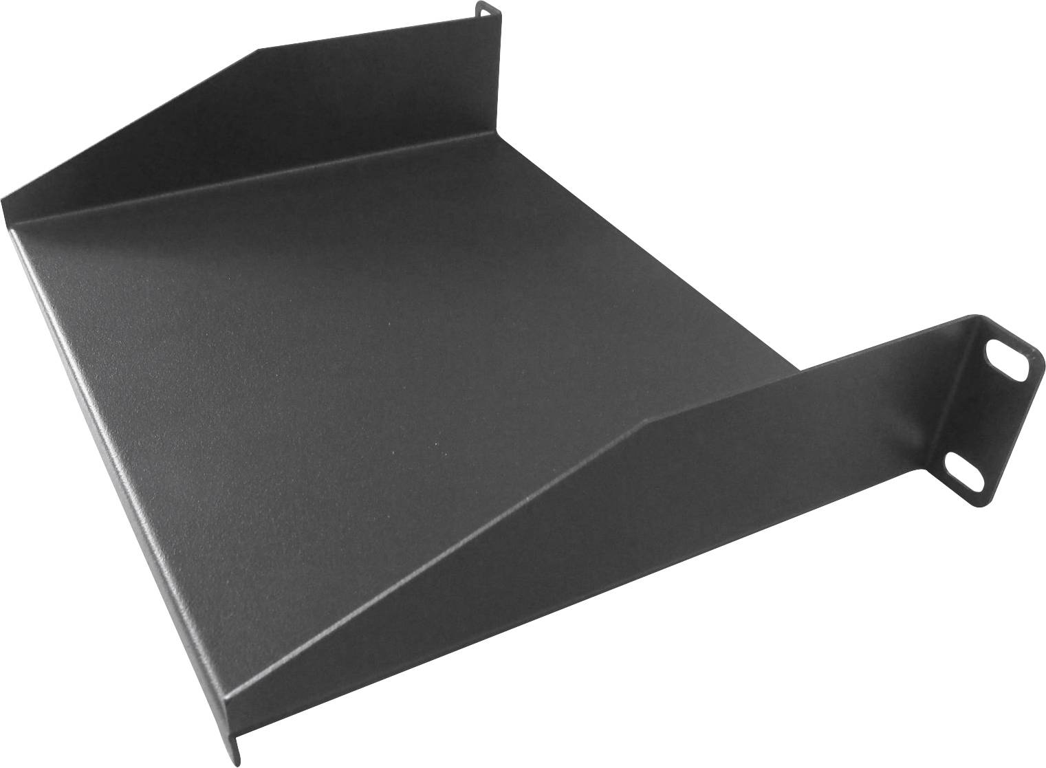 Metal enclosure with raised side panels and mounting holes, typically used for installation in a server rack.