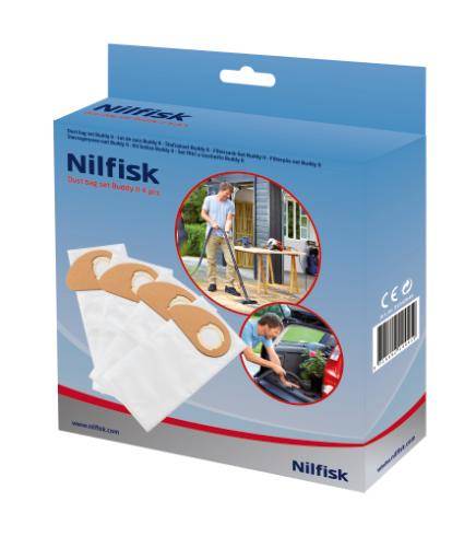 Nilfisk vacuum cleaner bags packaging, displaying three images of outdoor cleaning, emphasizing versatility and ease of use.