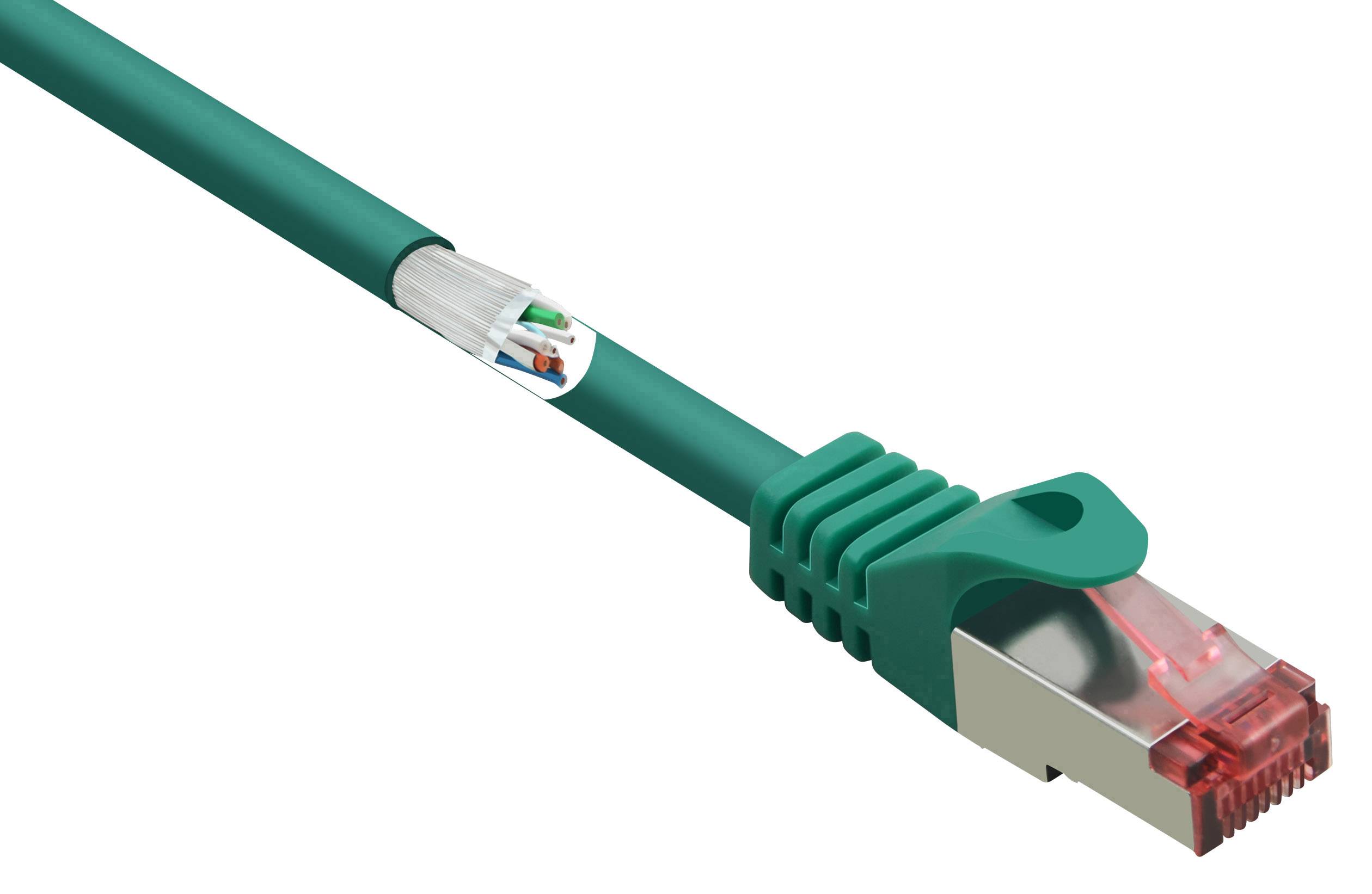 A green Ethernet cable with a red connector, used in networks to connect devices for data transmission.