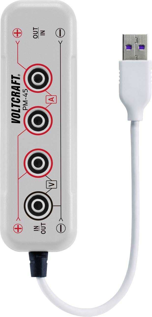 A USB cable with a rectangular white box from Voltcraft. The box has sockets for input and output of voltage and current.