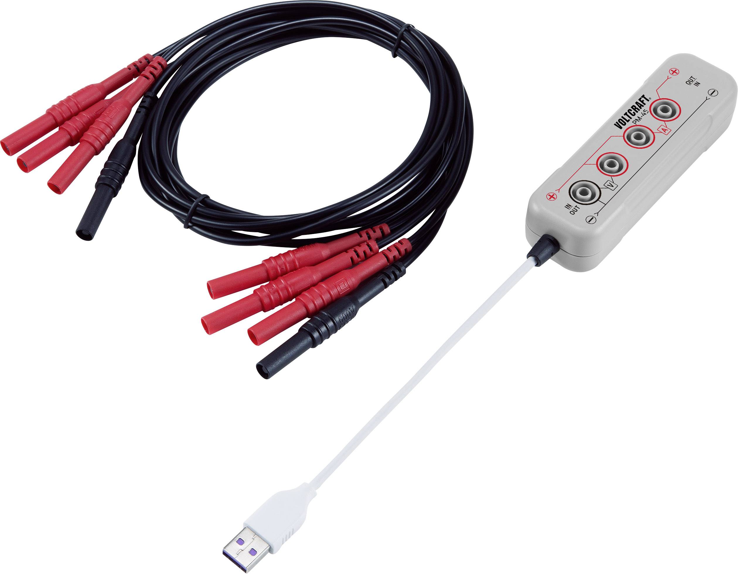 USB device with four red and black cables terminating in round connectors. Suitable for electronic measurements or diagnostics.