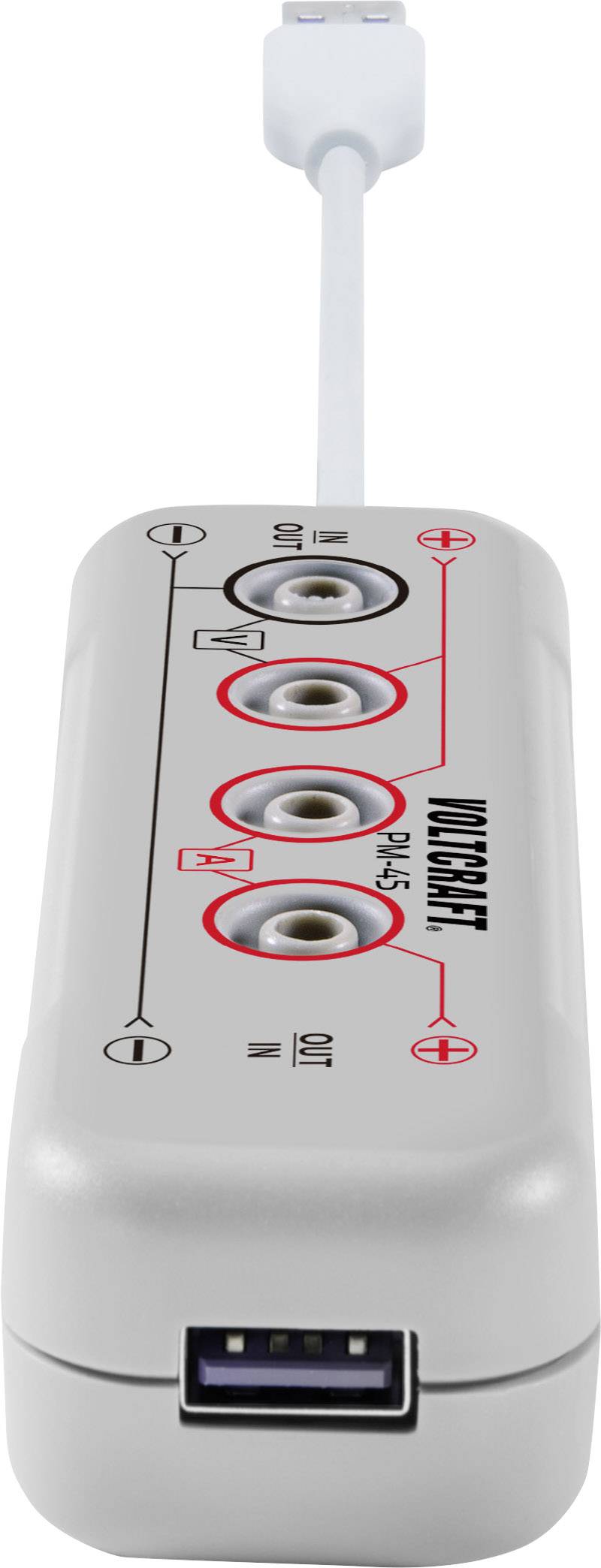 A white RCA adapter with three inputs, a USB socket and a cable terminating in another USB plug.
