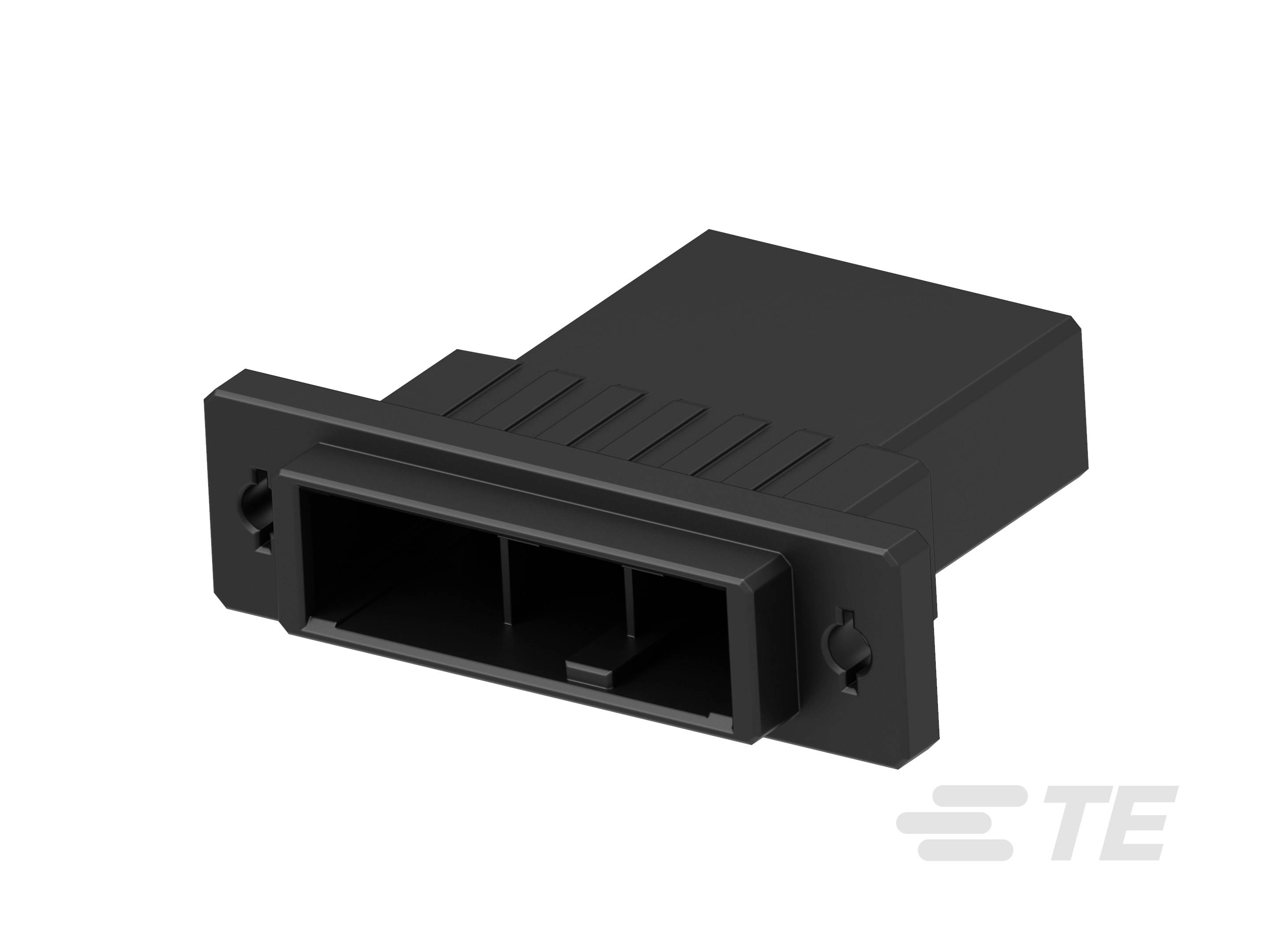 A rectangular black connector with two screw holes on the sides.