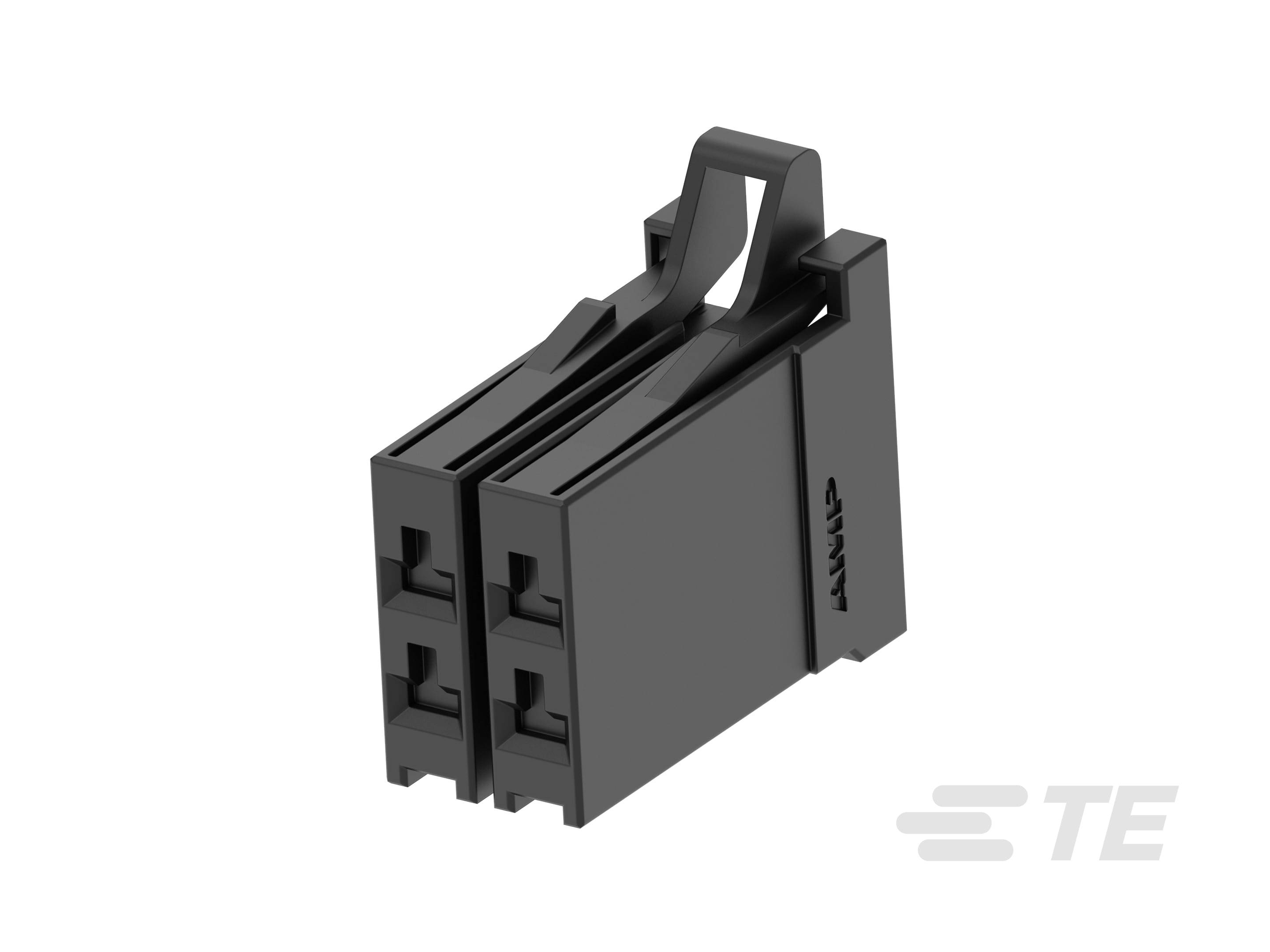 Black electrical connector with two parallel sockets and a locking mechanism, side-by-side view, TE logo visible.